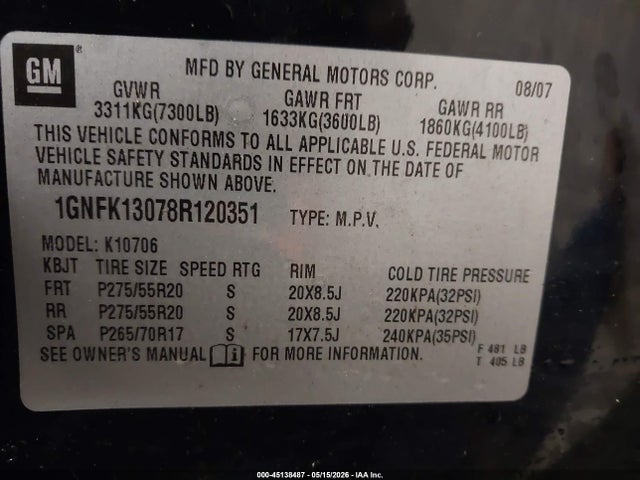 Продажа на аукционе авто 2008 Chevrolet Tahoe Ltz, vin: 1GNFK13078R120351, номер лота: 45138487