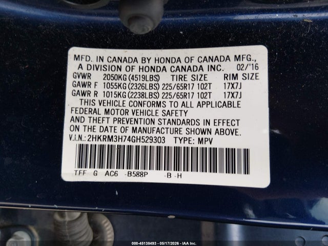 Продаж на аукціоні авто 2016 Honda Cr-v Ex-l, vin: 2HKRM3H74GH529303, номер лоту: 45138493