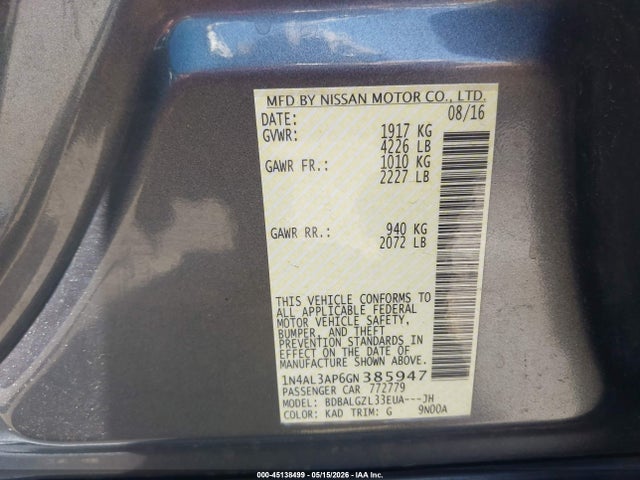 Nissan Altima 2.5 S 2016 1N4AL3AP6GN385947 Image 9