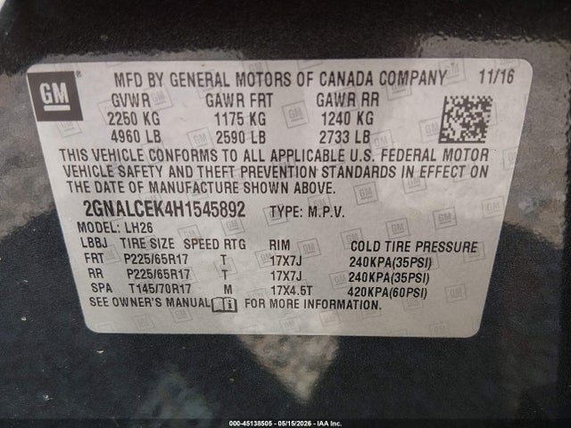 45138505 :رقم المزاد ، 2GNALCEK4H1545892 vin ، 2017 Chevrolet Equinox Lt مزاد بيع