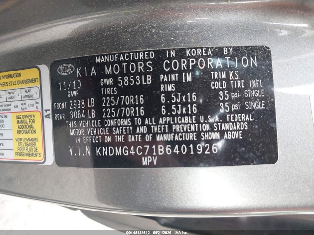 Aukcja sprzedaży 2011 Kia Sedona Lx, vin: KNDMG4C71B6401926, numer aukcji: 45138512