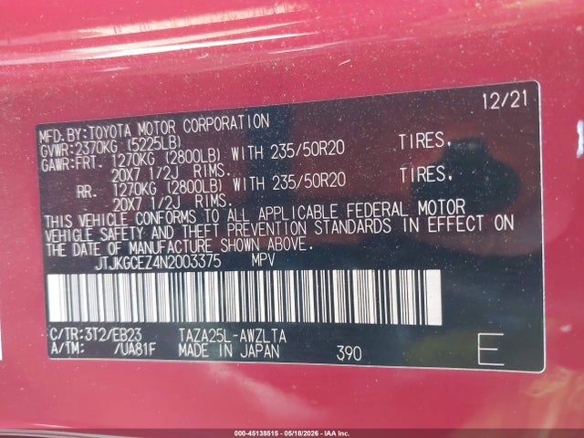 Aukcja sprzedaży 2022 Lexus Nx 350 F Sport Handling, vin: JTJKGCEZ4N2003375, numer aukcji: 45138515