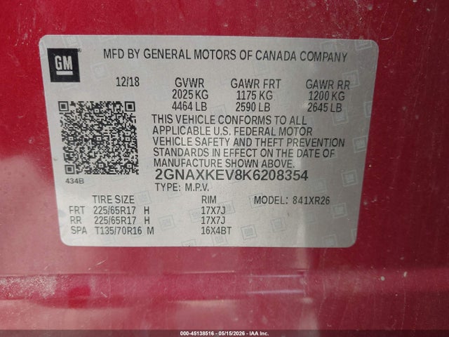 45138516 :رقم المزاد ، 2GNAXKEV8K6208354 vin ، 2019 Chevrolet Equinox Lt مزاد بيع