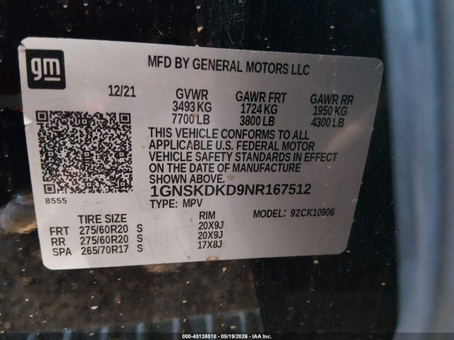 1GNSKDKD9NR167512 Chevrolet Suburban 4wd Z71