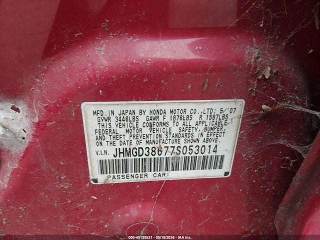 45138521 :رقم المزاد ، JHMGD38677S053014 vin ، 2007 Honda Fit Sport مزاد بيع