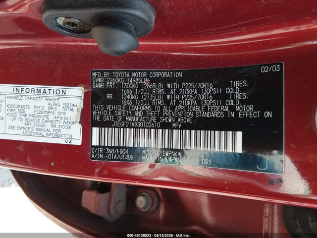 Aukcja sprzedaży 2003 Toyota Highlander V6, vin: JTEGF21A930102610, numer aukcji: 45138523