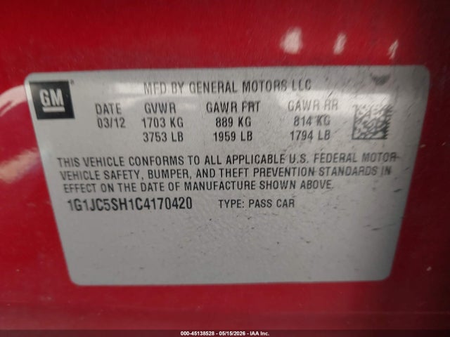 Продажа на аукционе авто 2012 Chevrolet Sonic 2lt, vin: 1G1JC5SH1C4170420, номер лота: 45138528