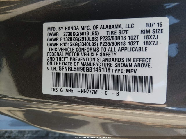45138529 :رقم المزاد ، 5FNRL5H96GB146106 vin ، 2016 Honda Odyssey Touring/touring Elite مزاد بيع