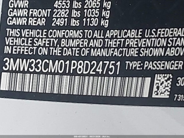 45138531 :رقم المزاد ، 3MW33CM01P8D24751 vin ، 2023 Bmw 230 I Xdrive مزاد بيع