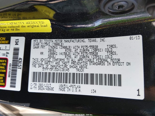 Aukcja sprzedaży 2013 Toyota Tundra Platinum 5.7l V8, vin: 5TFFY5F15DX138145, numer aukcji: 45138533