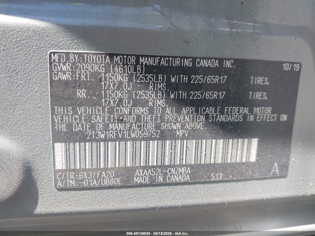 2020 Toyota Rav4 Xle მანქანა იყიდება აუქციონზე, vin: 2T3W1RFV1LW059752, აუქციონის ნომერი: 45138538