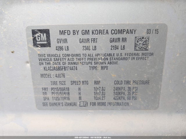 45138544 :رقم المزاد ، KL4CJASB5FB174474 vin ، 2015 Buick Encore مزاد بيع