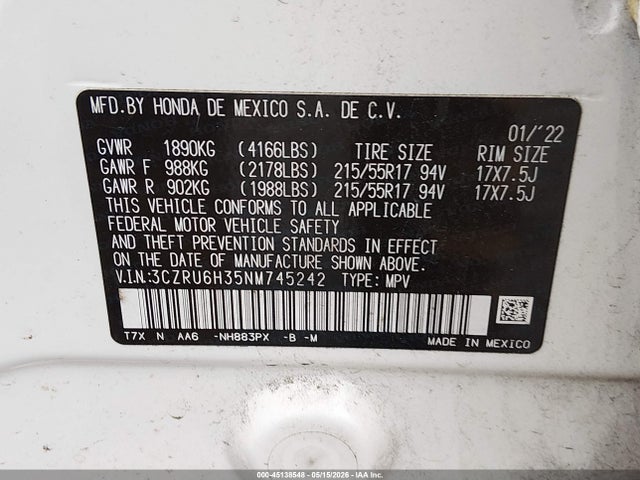 Продаж на аукціоні авто 2022 Honda Hr-v Awd Lx, vin: 3CZRU6H35NM745242, номер лоту: 45138548
