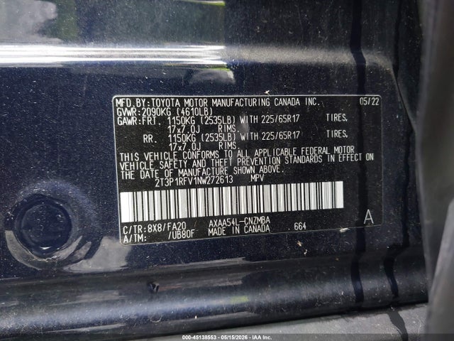 45138553 :رقم المزاد ، 2T3P1RFV1NW272613 vin ، 2022 Toyota Rav4 Xle مزاد بيع