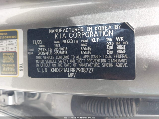 2024 Kia Soul Lx მანქანა იყიდება აუქციონზე, vin: KNDJ23AU9R7908727, აუქციონის ნომერი: 45138554