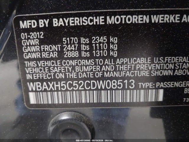 2012 Bmw 528i Xdrive მანქანა იყიდება აუქციონზე, vin: WBAXH5C52CDW08513, აუქციონის ნომერი: 45138560