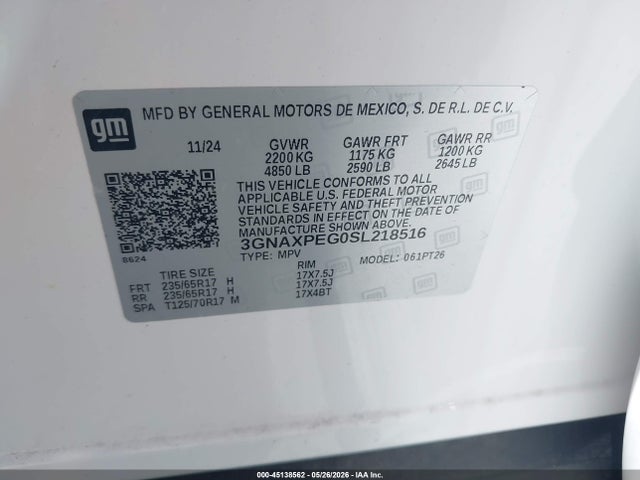 Aukcja sprzedaży 2025 Chevrolet Equinox Awd Lt, vin: 3GNAXPEG0SL218516, numer aukcji: 45138562