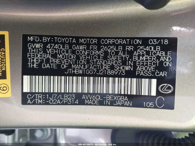 Aukcja sprzedaży 2018 Lexus Es 300h, vin: JTHBW1GG7J2188973, numer aukcji: 45138570