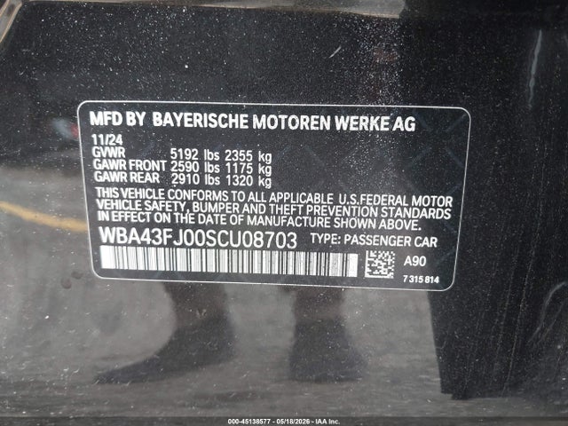 Aukcja sprzedaży 2025 Bmw 530i, vin: WBA43FJ00SCU08703, numer aukcji: 45138577