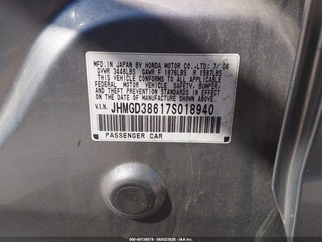 45138579 :رقم المزاد ، JHMGD38617S018940 vin ، 2007 Honda Fit Sport مزاد بيع