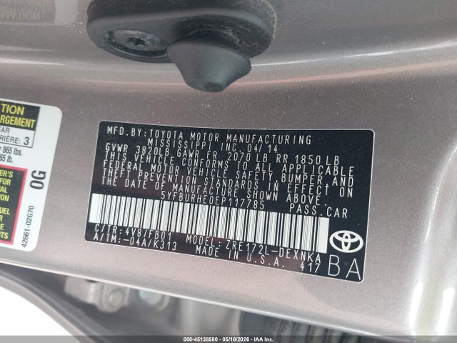 Aukcja sprzedaży 2014 Toyota Corolla Le Plus, vin: 5YFBURHE0EP117785, numer aukcji: 45138580