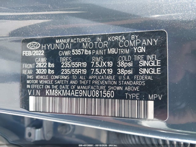 45138581 :رقم المزاد ، KM8KM4AE9NU081560 vin ، 2022 Hyundai Ioniq 5 Se مزاد بيع