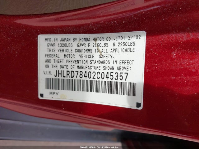 2002 Honda Cr-v Lx მანქანა იყიდება აუქციონზე, vin: JHLRD78402C045357, აუქციონის ნომერი: 45138588