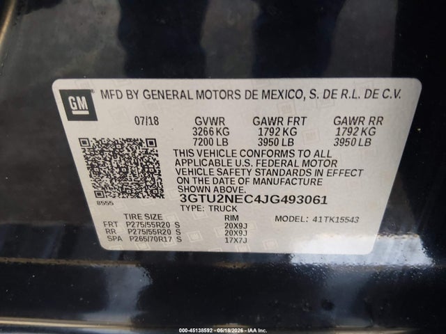 45138592 :رقم المزاد ، 3GTU2NEC4JG493061 vin ، 2018 Gmc Sierra 1500 Slt مزاد بيع