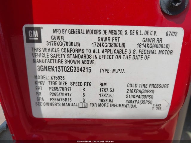 Aukcja sprzedaży 2002 Chevrolet Avalanche 1500, vin: 3GNEK13T02G354215, numer aukcji: 45138596
