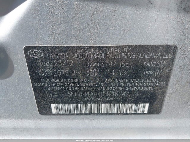 45138599 :رقم المزاد ، 5NPDH4AEXDH216247 vin ، 2013 Hyundai Elantra Gls مزاد بيع
