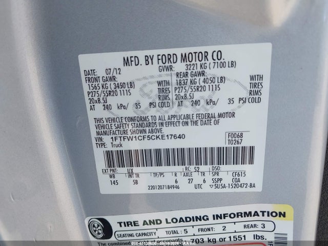 Продажа на аукционе авто 2012 Ford F-150 Fx2, vin: 1FTFW1CF5CKE17640, номер лота: 45138600