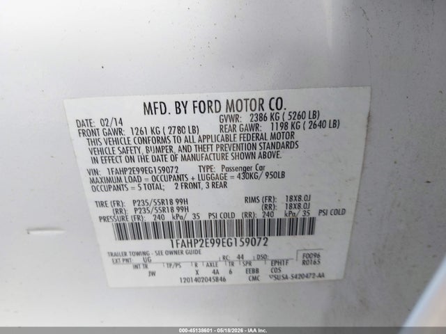 45138601 :رقم المزاد ، 1FAHP2E99EG159072 vin ، 2014 Ford Taurus Sel مزاد بيع