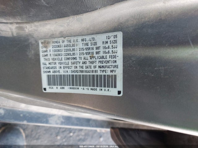 45138608 :رقم المزاد ، SHSRD78816U418181 vin ، 2006 Honda Cr-v Ex مزاد بيع