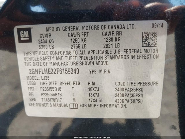 Продажа на аукционе авто 2015 Chevrolet Equinox Ltz, vin: 2GNFLHE32F6159340, номер лота: 45138611