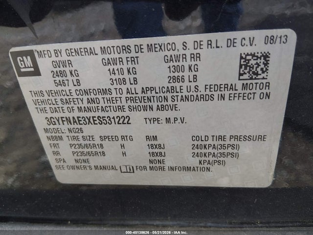 Aukcja sprzedaży 2014 Cadillac Srx Standard, vin: 3GYFNAE3XES531222, numer aukcji: 45138626