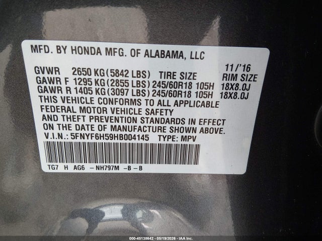 Продаж на аукціоні авто 2017 Honda Pilot Ex-l, vin: 5FNYF6H59HB004145, номер лоту: 45138642