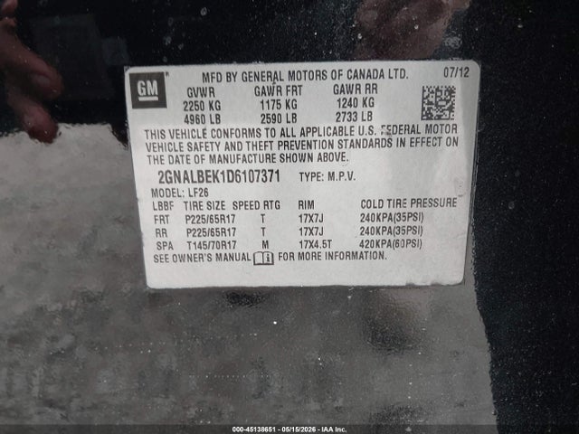 2013 Chevrolet Equinox Ls მანქანა იყიდება აუქციონზე, vin: 2GNALBEK1D6107371, აუქციონის ნომერი: 45138651