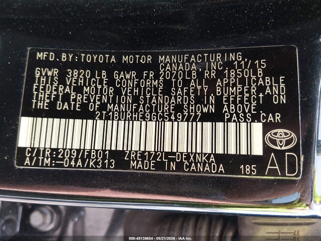45138654 :رقم المزاد ، 2T1BURHE9GC549777 vin ، 2016 Toyota Corolla Le مزاد بيع