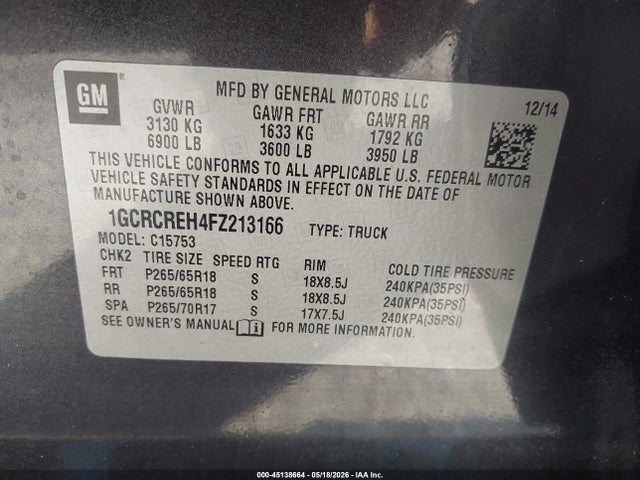 Aukcja sprzedaży 2015 Chevrolet Silverado 1500 1lt, vin: 1GCRCREH4FZ213166, numer aukcji: 45138664