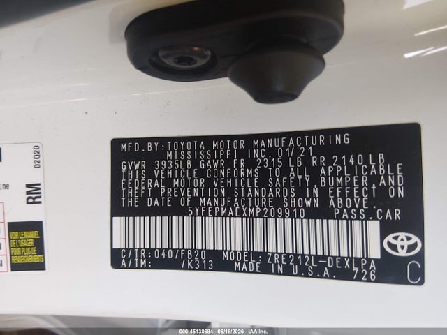45138684 :رقم المزاد ، 5YFEPMAEXMP209910 vin ، 2021 Toyota Corolla Le مزاد بيع