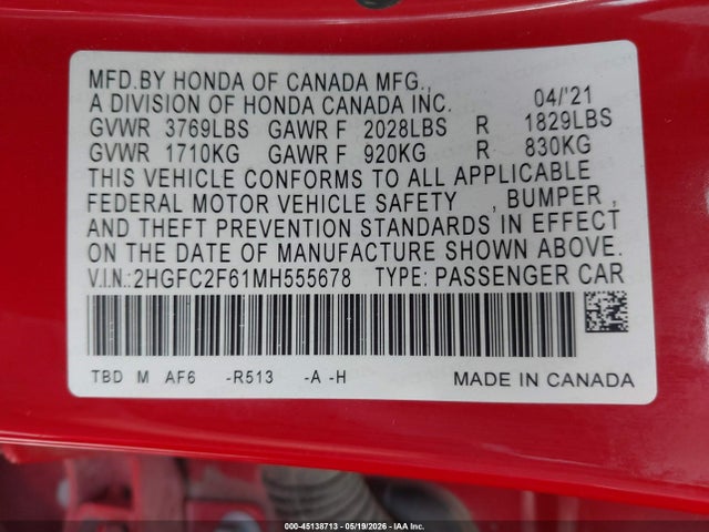 2HGFC2F61MH555678 Honda Civic Lx