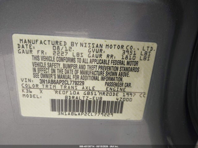 2012 Nissan Sentra 2.0 S მანქანა იყიდება აუქციონზე, vin: 3N1AB6AP2CL779229, აუქციონის ნომერი: 45138714