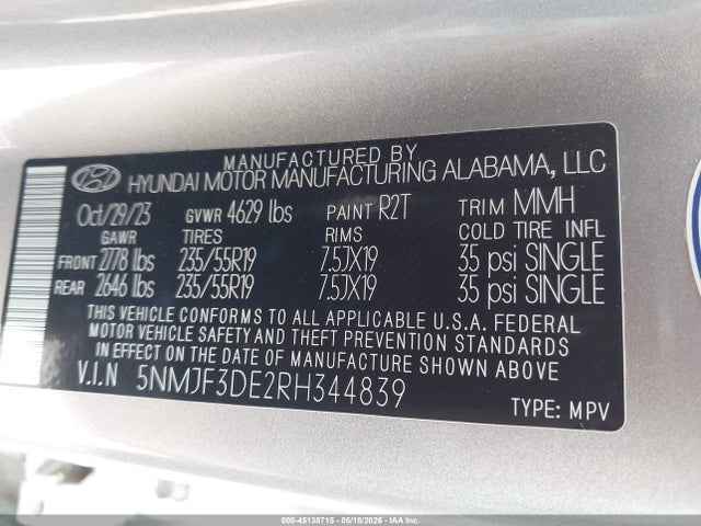 Auction sale of the 2024 Hyundai Tucson Sel, vin: 5NMJF3DE2RH344839, lot number: 45138715