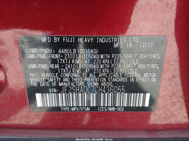 Продажа на аукционе авто 2012 Subaru Forester 2.5x Premium, vin: JF2SHADC7CH436055, номер лота: 45138722