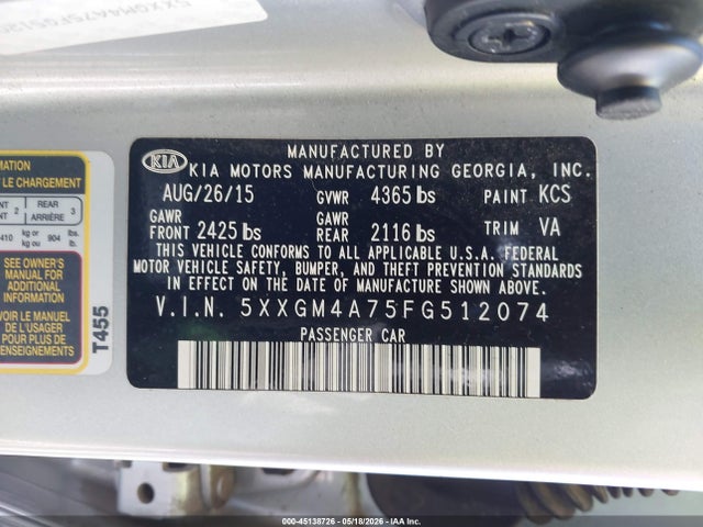 2015 Kia Optima Lx მანქანა იყიდება აუქციონზე, vin: 5XXGM4A75FG512074, აუქციონის ნომერი: 45138726