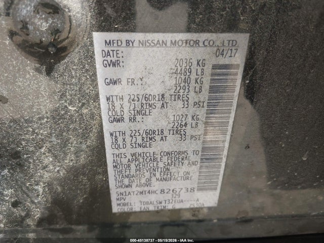 45138737 :رقم المزاد ، 5N1AT2MT4HC826738 vin ، 2017 Nissan Rogue Sl مزاد بيع
