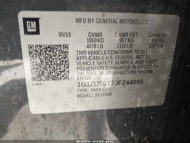 2018 Chevrolet Malibu Lt მანქანა იყიდება აუქციონზე, vin: 1G1ZD5ST7JF244056, აუქციონის ნომერი: 45138740