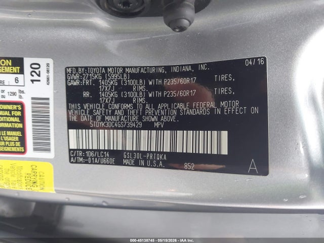5TDYK3DC4GS739429 Toyota Sienna Xle Premium 8 Passenger