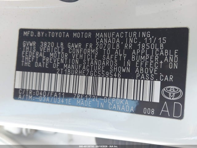 2016 Toyota Corolla L მანქანა იყიდება აუქციონზე, vin: 2T1BURHE7GC559546, აუქციონის ნომერი: 45138755