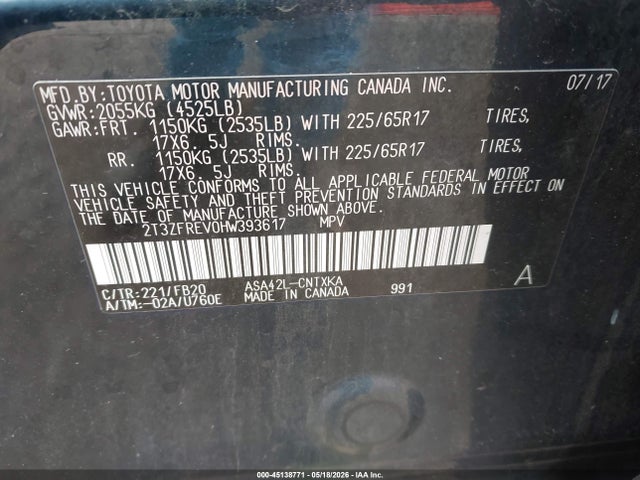 Aukcja sprzedaży 2017 Toyota Rav4 Le, vin: 2T3ZFREV0HW393617, numer aukcji: 45138771